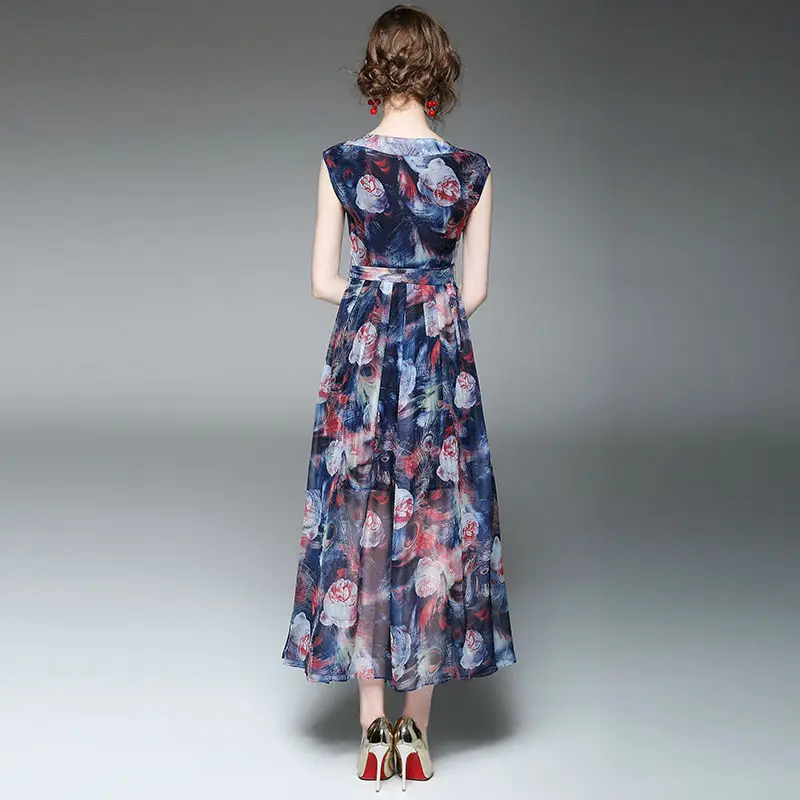 Мода цветочные печатный рукавов круглым воротом кружева dress summer женский