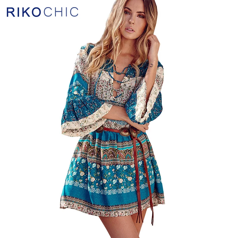 Винтаж Стиль Цветочный принт Для женщин Boho платья Элегантный Flare рукавом Кружева