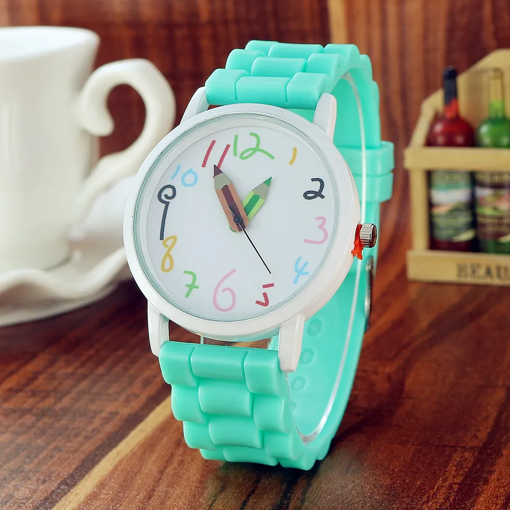 Silicone Candy Color Student Quartz Watch Girls Clock Fashion Pencil Pointer Wristwatches Children Cartoon Kids Gift Watches