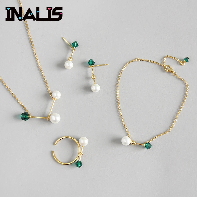 INALIS New Vintage Fine Jewelry S925 Sterling Silver Green CZ Crystal Sea Shell Pearl Stud Earrings Necklace Ring Bracelet Sets |