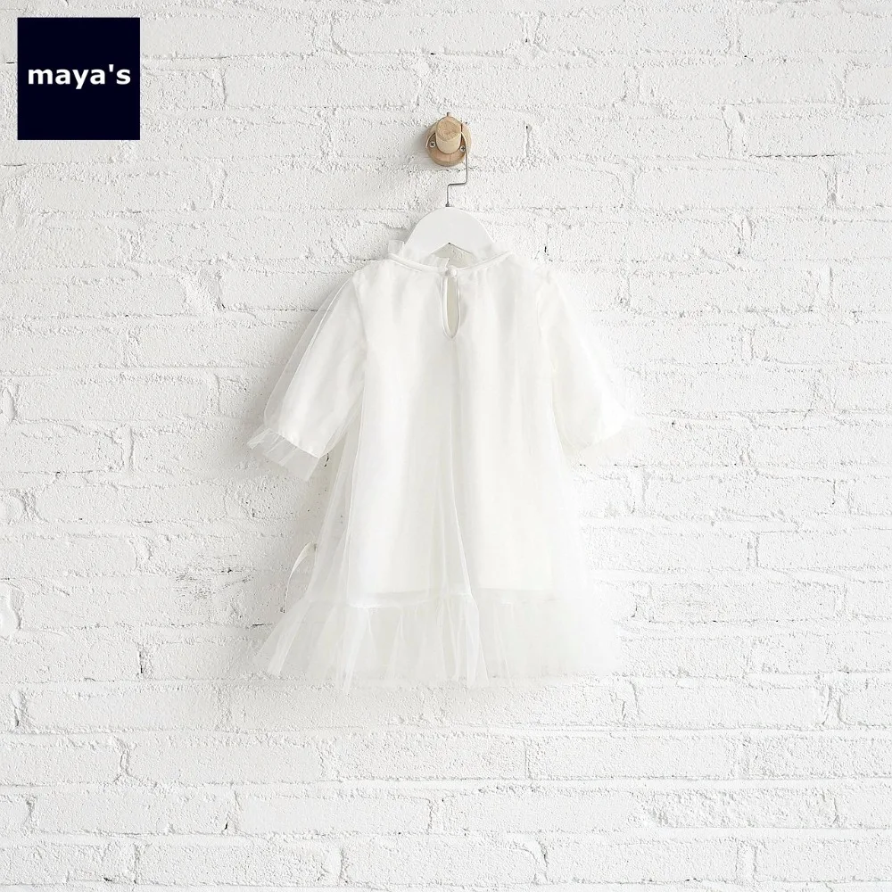 Mayas/Белое Тюлевое платье средней длины с цветочной аппликацией для девочек