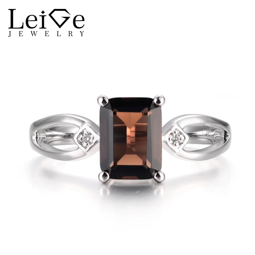 

LeiGe Jewelry Natural Smoky Quartz Rings Engagement Rings Emerald Cut Brown Gemstone Rings 925 Sterling Silver Gifts for Women