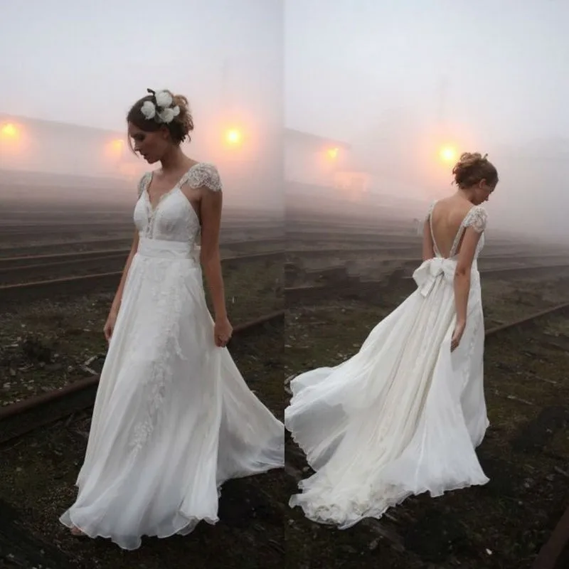

2016 Beach Prom Dress with Lace Appliques Cap Sleeves Bohemian Prom Dress Vestidos de Novia Baratos