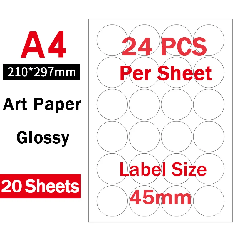 45mm Glossy White А4 круглые наклейки, высеченные Листы А4, глянцевая белая/крафт-бумага клейкая наклейка s для лазерных/струйных принтеров, 20 листов - Цвет: 45mm Glossy White