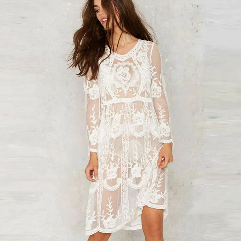 Lace White Dress Women Long Sleeve Transparent Summer 2019 Loose Midi Sexy V-Neck Beach Tunic In Cover-ups BS289 | Женская одежда
