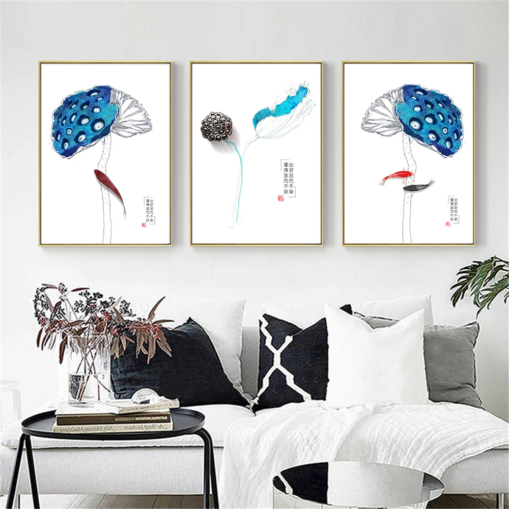 Скандинавские минималистичные китайские плакаты с изображением лотоса картины