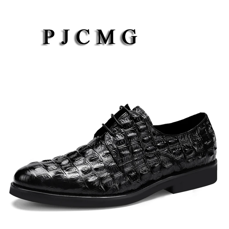 

PJCMG New Fashion Crocodile Design Handmade Genuine Leather Lace-Up Pointed Toe Black/Red Business Solid Dress Men Oxford Shoes