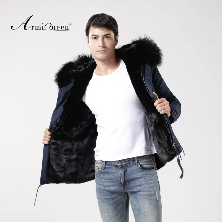 Темно синяя оболочка ткань снаружи черный мех внутри и капюшон мужская стильная