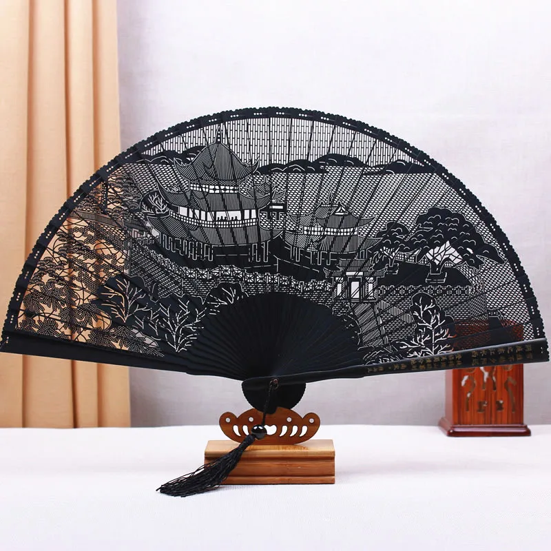 Китайский веер из бамбука в японском стиле складной резной черный подарок для