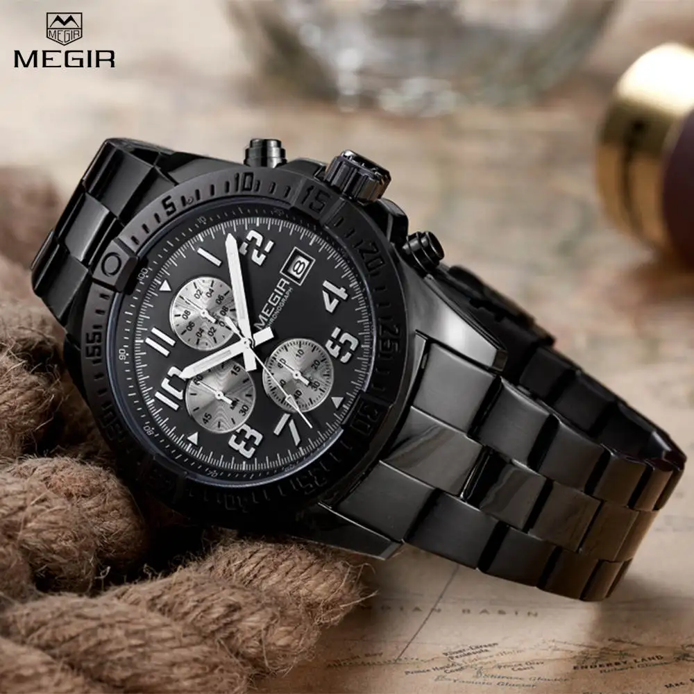 Мужские кварцевые часы Megir водонепроницаемые со стальным ремешком и хронографом