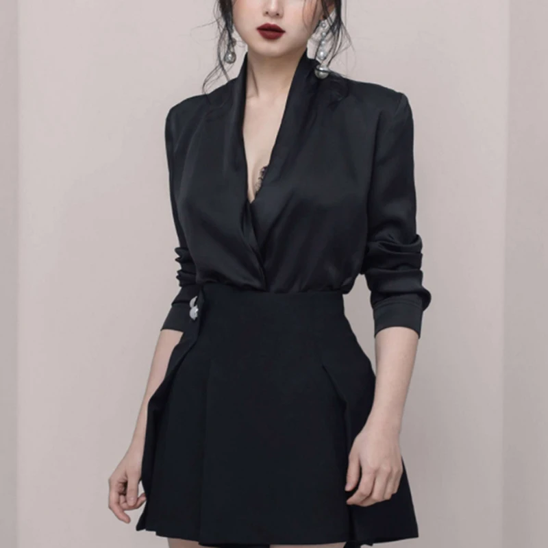INDRESSME 2018 новые женские черные платья с V образным вырезом длинным рукавом Мини