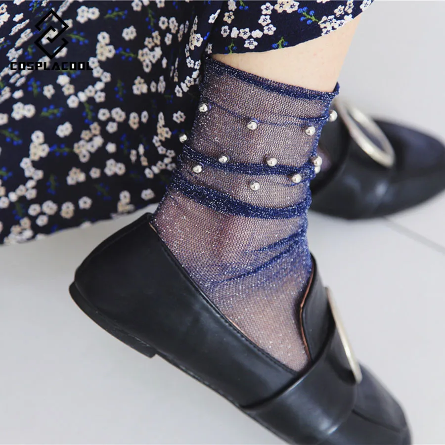 Женские прозрачные сетчатые носки [COSPLACOOL] золотистые серебристые с жемчугом