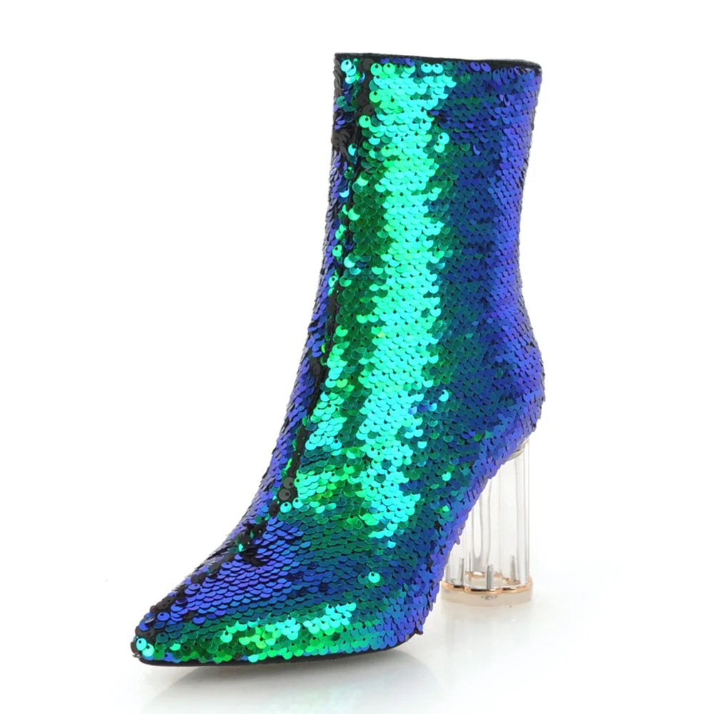 green fabric DoraTasia Fashion Sequined Cover Ankle Boots Female Autumn Winter Shoes Pointed Toe High Heels Boots Women Shoes - Цвет: green fabric