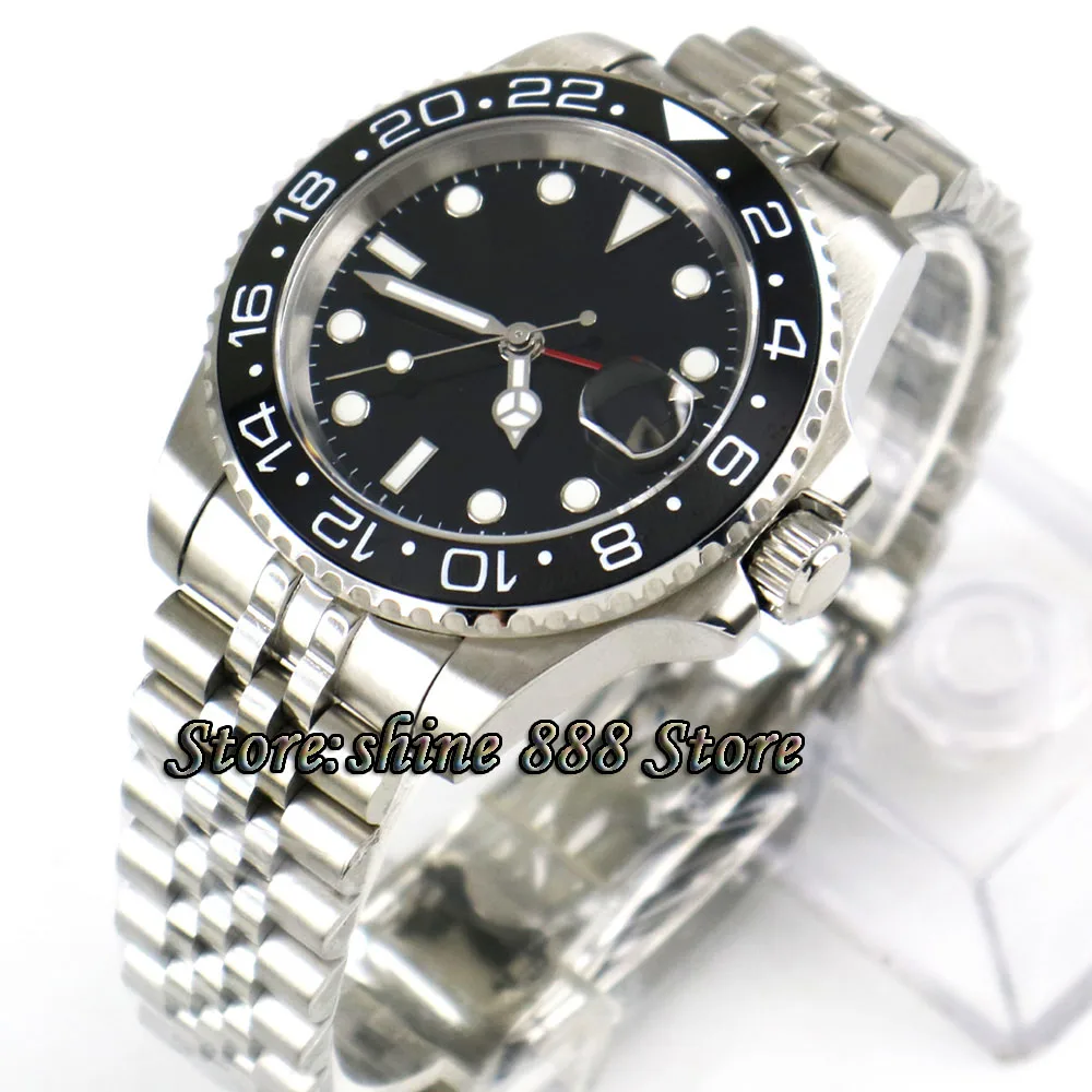 Мужские автоматические часы PARNIS с черным стерильным циферблатом 40 мм|Мужские