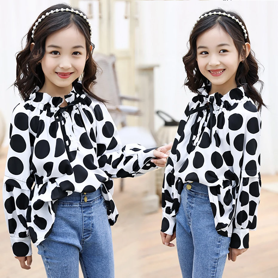 Белая блузка для девочек в крупный горошек детская рубашка для подростков школьная одежда для девочек 6, 8, 10, 12, 13, 14 лет