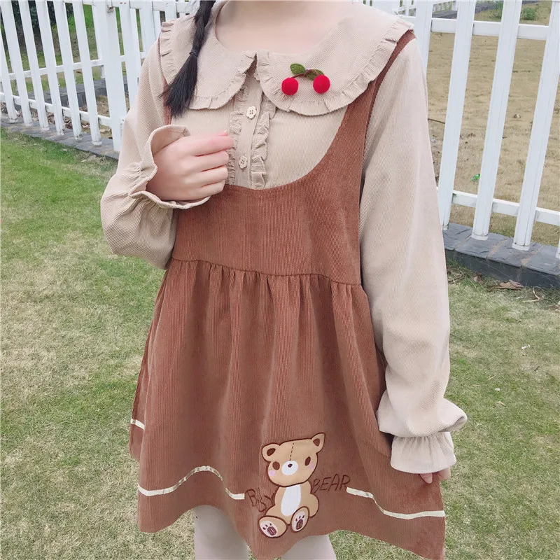 Женские платья Япония Kawaii Ulzzang милые вышитые поддельные из двух частей платье