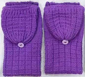 Purple Одноцветные зимние вязаные женские перчатки с пуговицами, сетчатая теплая короткая вязаная рукавица без пальцев - Цвет: Purple