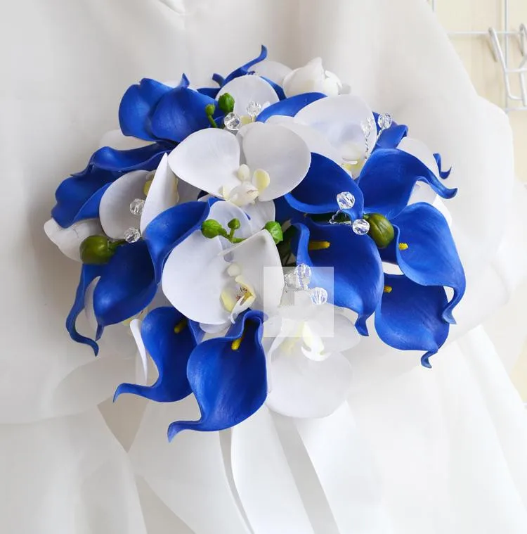 Royal Blue Calla JaneVini водопад украшения для букета невесты цветы с жемчугом Кристалл Роза красные бусинки искусственные цветы для невесты ручка букета розовый - Цвет: Royal Blue Calla
