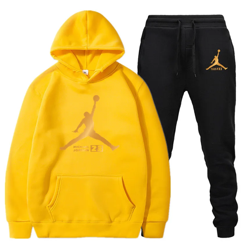 23 JORDAN осень зима горячая распродажа мужские наборы толстовка с капюшоном+ двухсекционные брюки наборы Повседневный Спортивный костюм Мужская спортивная одежда Fitnes - Цвет: Yellow black001-002