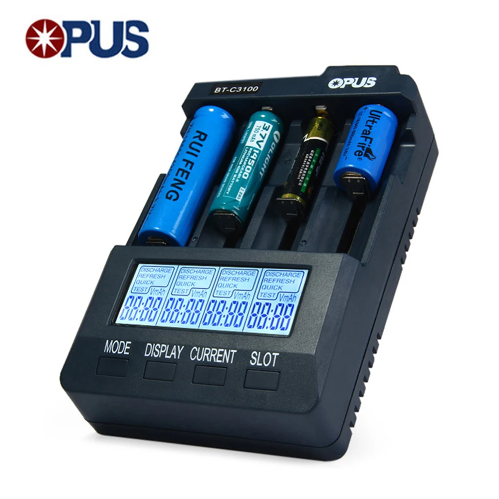 Opus BT-C3100 V2.2 умный цифровой Интеллектуальный 4 слота ЖК-дисплей Универсальное зарядное устройство для Li-Ion NiCd NiMh батареи EU US
