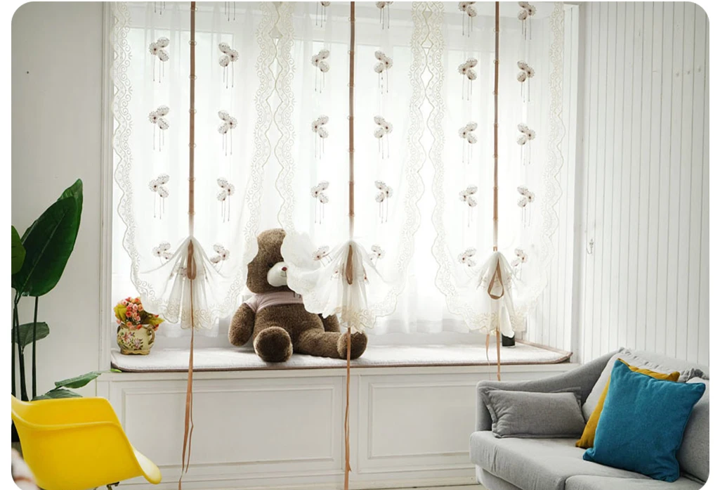 Embroidery Terylene Tulle Sheer Roman Curtains for Window Treatmen Home Decor Chic Country Style Short Curtain
