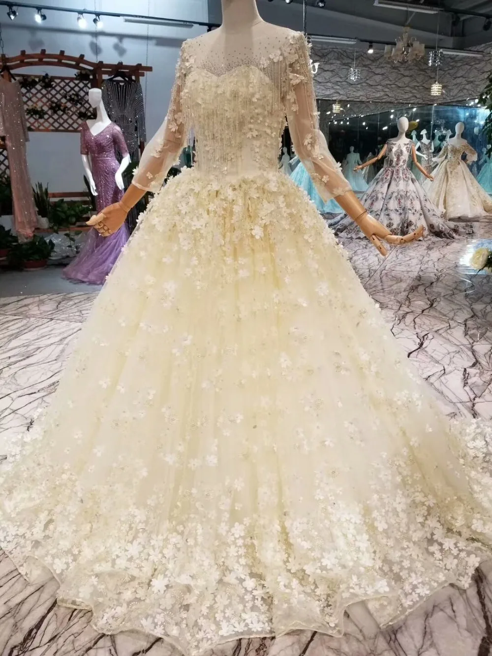 CloverBridal ручной работы Романтические цветы жемчуг кисточки линия свадебное платье новое поступление длина до пола с длинным рукавом