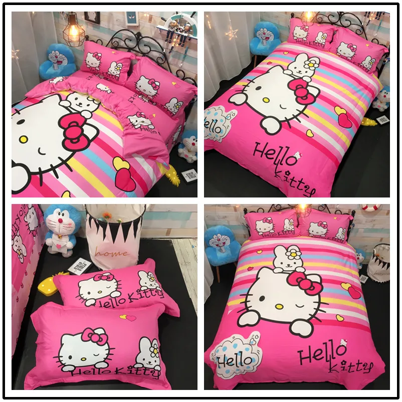 Hello kitty Милый хлопковый Детский Комплект постельного белья, простыня фиолетового цвета, мультяшная девочка KT, 4 шт., милые пододеяльники и одеяла, розовый цвет