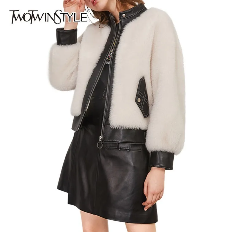 TWOTWINSTYLE пальто из искусственной кожи женский молния и пуговицы свободные Фонари с