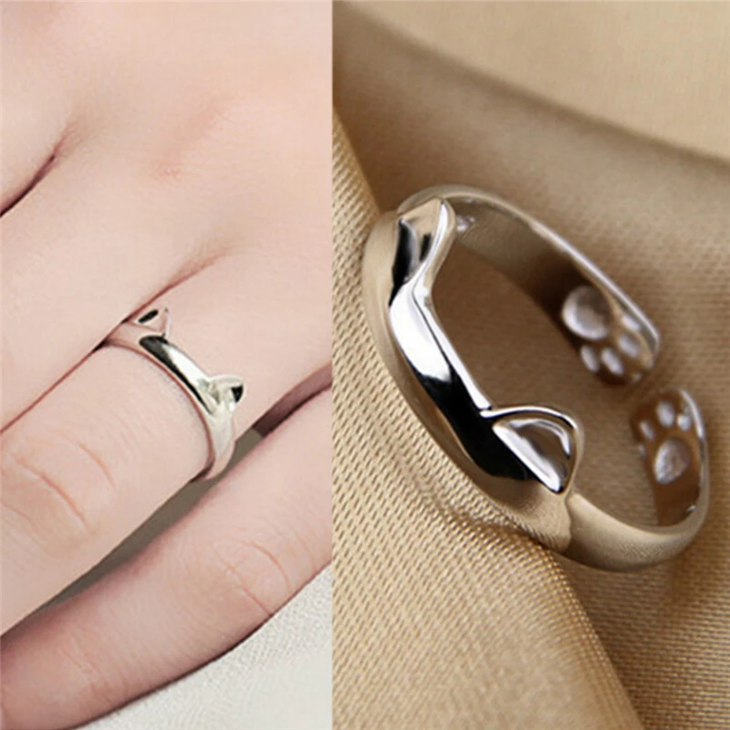 Wholesale Silver Plated Cat Ear Ring Design Cute Fashion Jewelry For Women Young Girl Child Gifts Adjustable Anel | Украшения и
