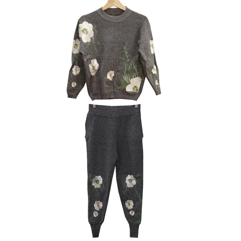 Women's 2 Pieces set Autumn Winter Flower Embroidered Loose Knitted Sweater + Harem Trousers Two women Pants Set |