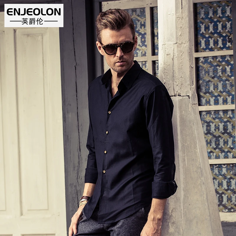 Enjeolon brand camisa masculina Men Shirt Blouse Long Sleeve clothing Base black solid cotton for Clothes C2016 | Мужская одежда