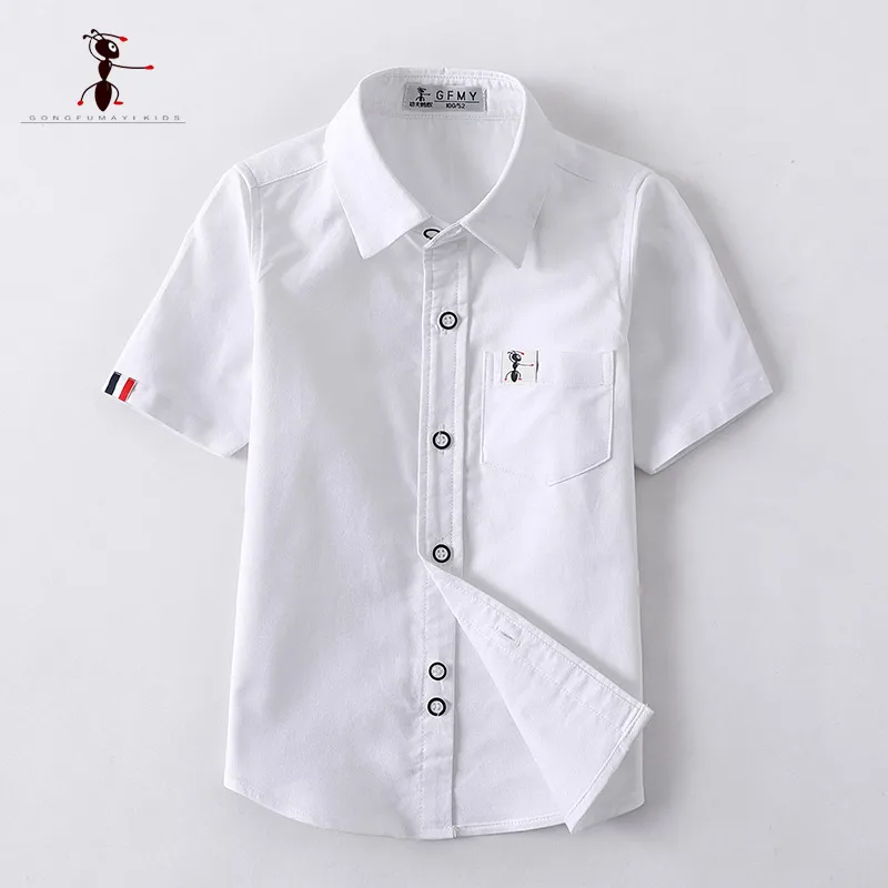 white Style 1 Kung Fu Ant/Новинка г.; Летние однотонные белые рубашки с короткими рукавами для мальчиков; одежда для студентов; модные хлопковые детские топы из ткани Оксфорд - Цвет: white Style 1