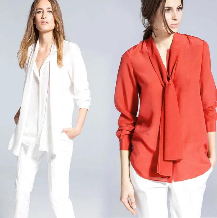 Женская шелковая блузка с длинным рукавом и бантом размеры XS S M L XL|silk blouse women|silk