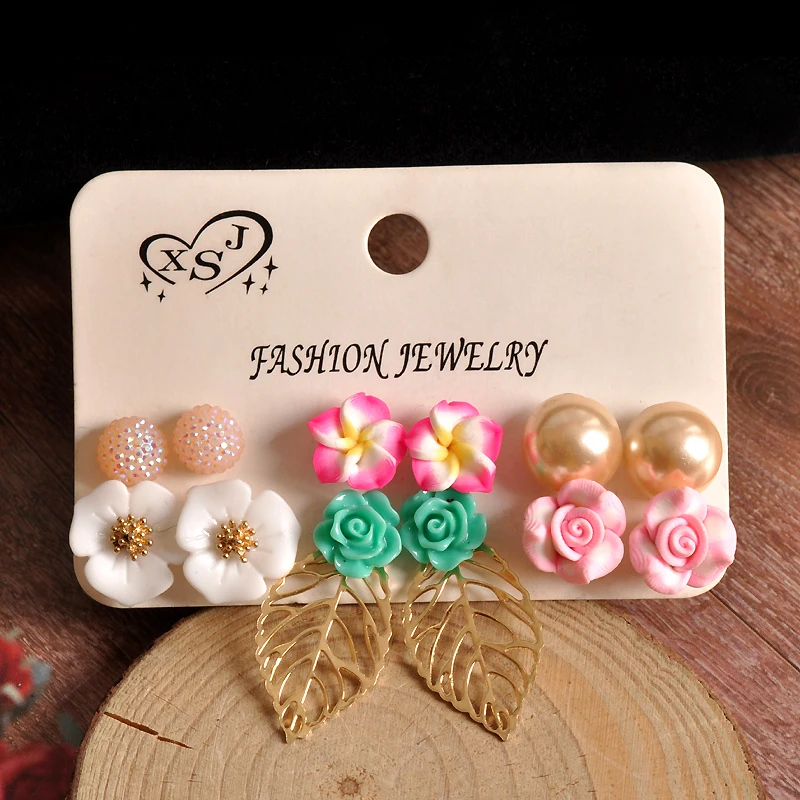New hot fashion woman jewelry wholesale Girl Birthday Party pearl ear nail flower pattern with 6 pairs of /set lovers' Earrings |