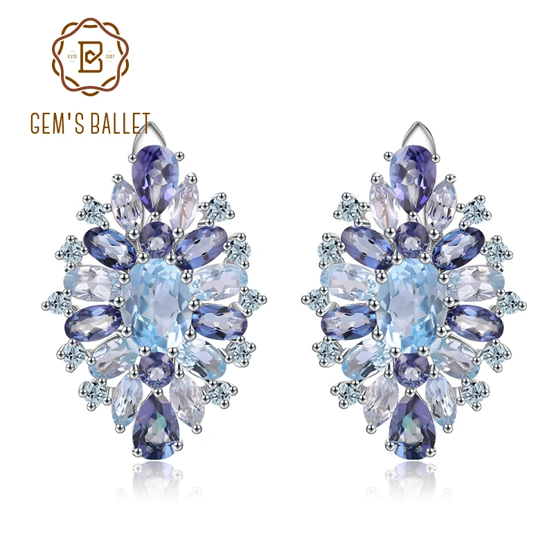 GEM'S BALLET 925 Sterling Silver Stud Earrings with Flower Shape Natural Sky Blue Topaz Mystic Quartz For Women Jewelry | Украшения и