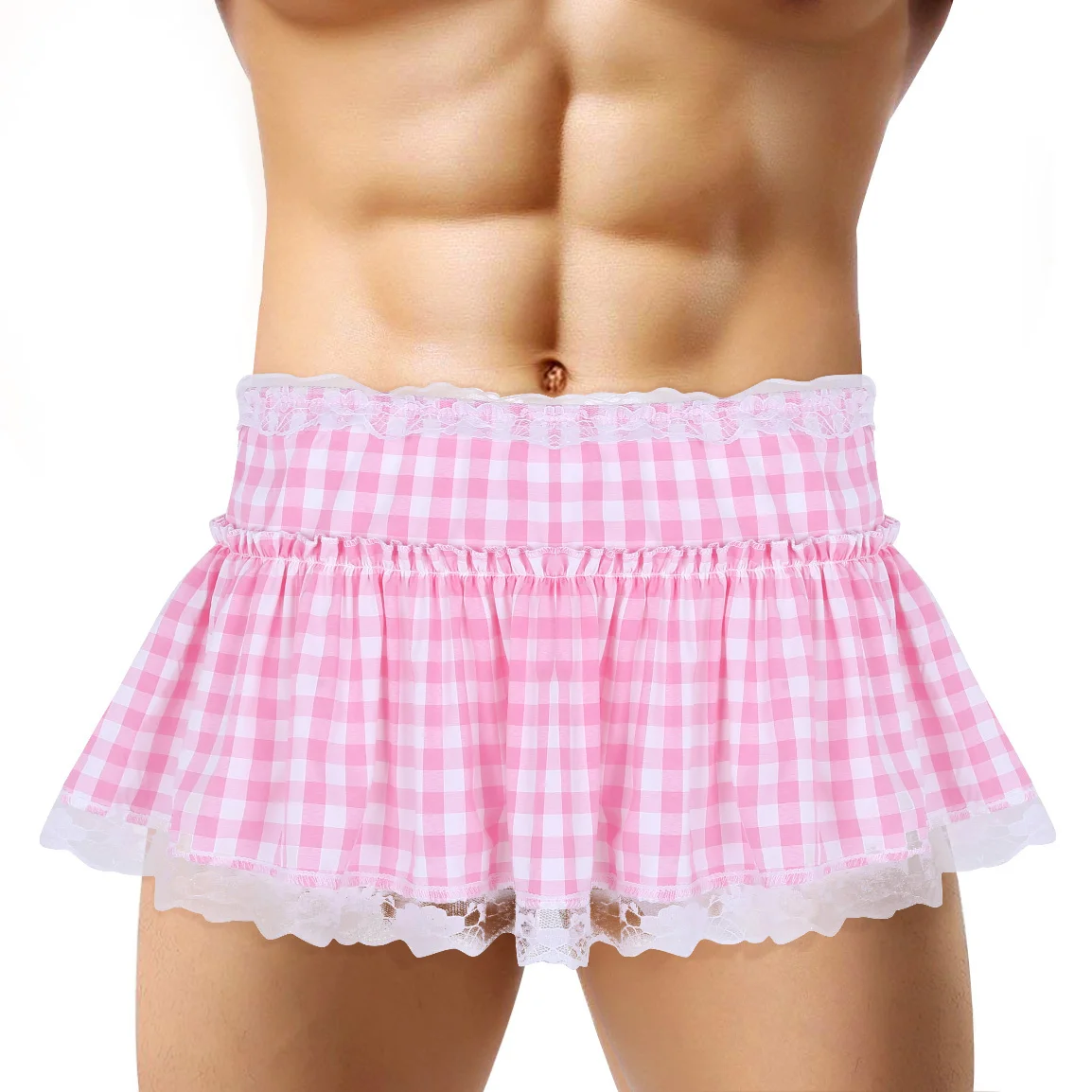 Unisex Mens Women A-line Mini Skirt Mens Sexy Sissy Skirt Elastic Waistband Short Skirt with Lace Hem Pleated Gingham Roleplay