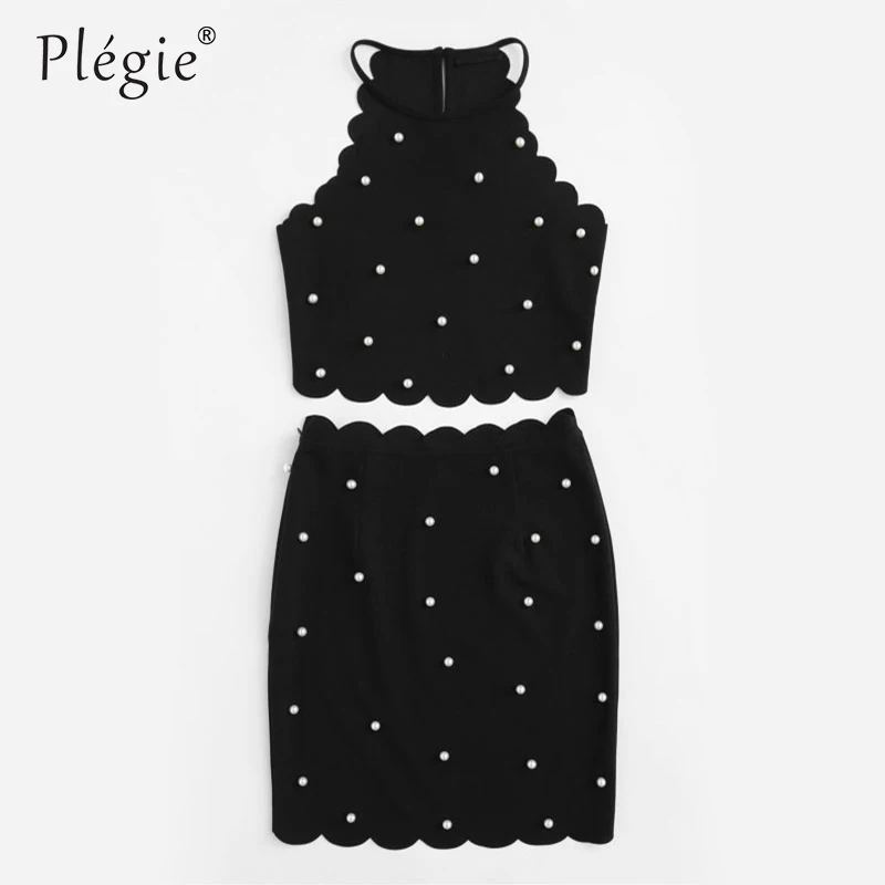 

Plegie Sexy Womens Two Piece Sets 2020 Summer Ladies Black Sleeveless Pearl Beading Scalloped Halter Top Skirt Set
