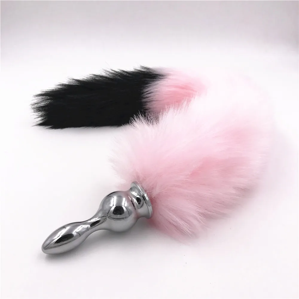 Розовая и черная 40 см лиса пушистый хвост Анальная пробка металлическая