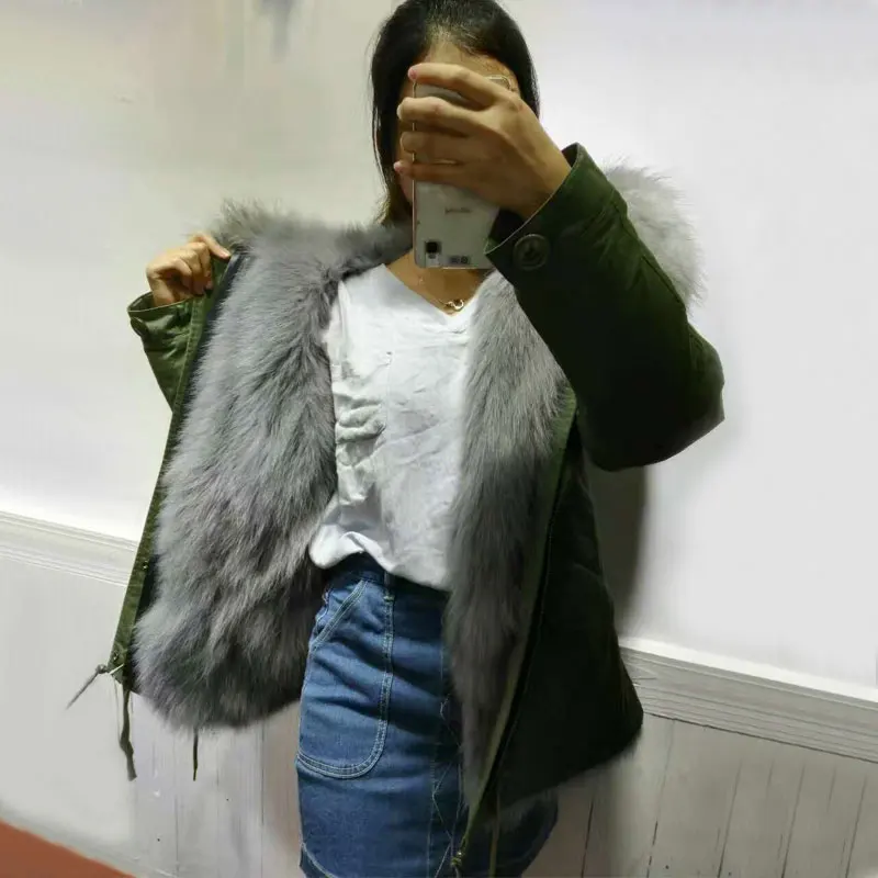Зеленая куртка с лисьим мехом внутри в стиле унисекс зимняя и Весенняя Меховая
