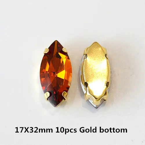 17X32mm--10PCS Кофейные смешанные формы, размеры, пришитые Стразы с золотым клешом, стеклянные стразы с плоской задней стороной, хрустальные стразы для шитья, женское платье Y3517 - Цвет: 17X32mm--10PCS