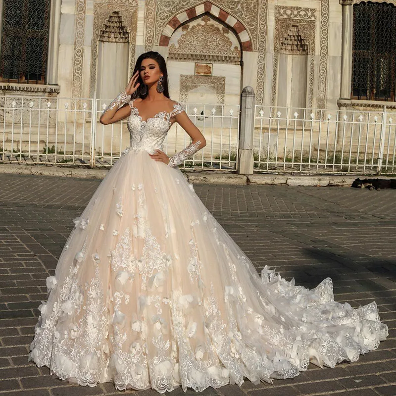 Великолепные Свадебные платья цвета шампань 2018 с белыми 3D цветами Illusion Sher