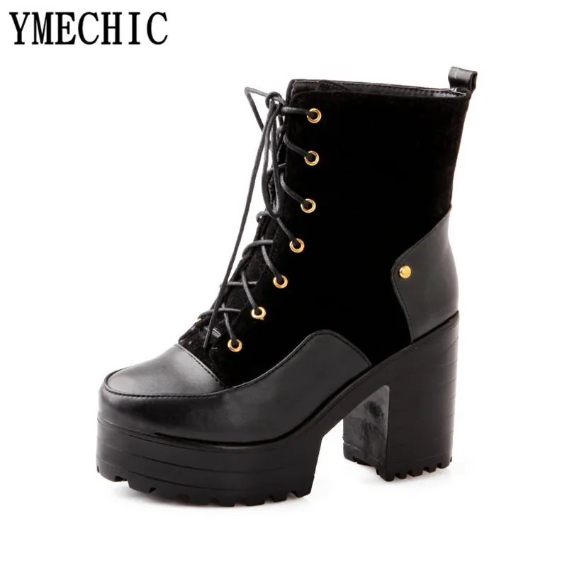 Черный YMECHIC/ г.; винтажная женская уличная обувь на высоком каблуке со шнуровкой в готическом стиле; женские ботильоны в байкерском стиле в стиле панк-рок; сезон осень-зима - Цвет: Черный