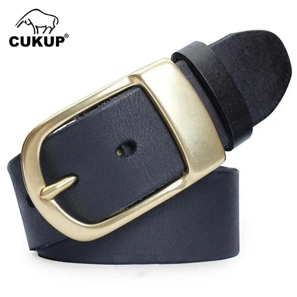 CUKUP Top Quality Solid Genuine Leather Belts Unique Design Brass Pin Buckle Metal Belt Men Jeans Accessories 3.8cm Width NCK318