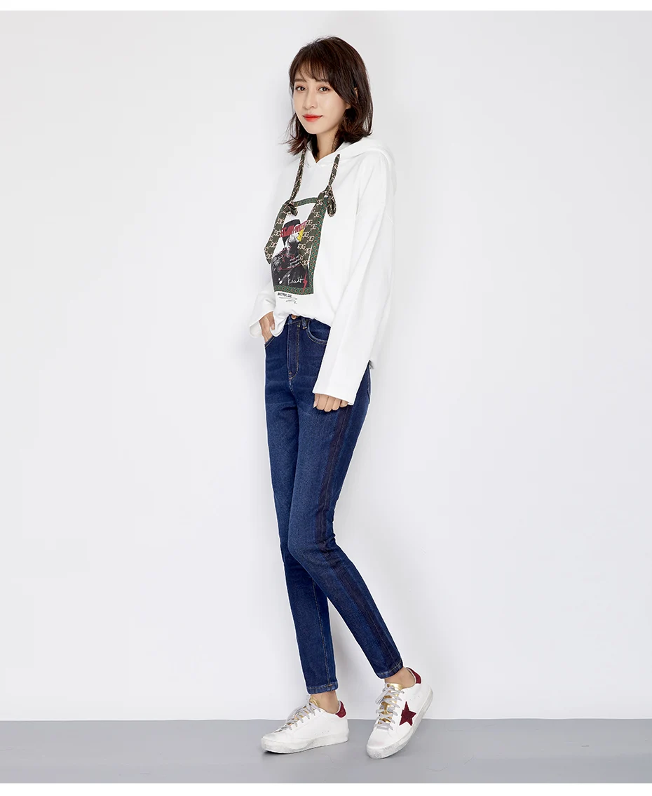 LEIJIJEANS, новинка, зимние, утепленные, размера плюс, L, темно-синие, с высокой талией, отбеленные, полная длина, боковые тени, обтягивающие, узкие, зимние, женские джинсы