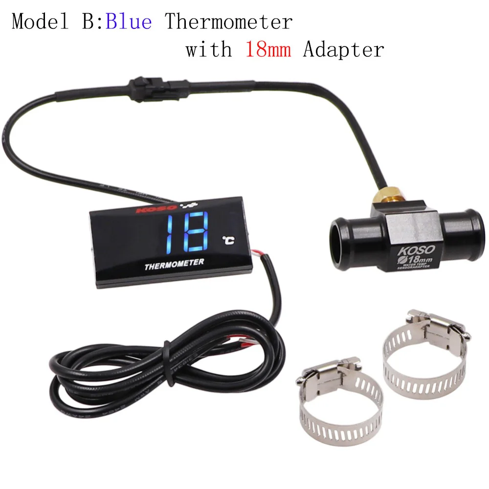 Blue-18mm Adapter KOSO мотоциклетный термометр для 0~ 120 градусов Цельсия Универсальный цифровой мото датчик температуры воды с датчиком и адаптером - Цвет: Blue-18mm Adapter