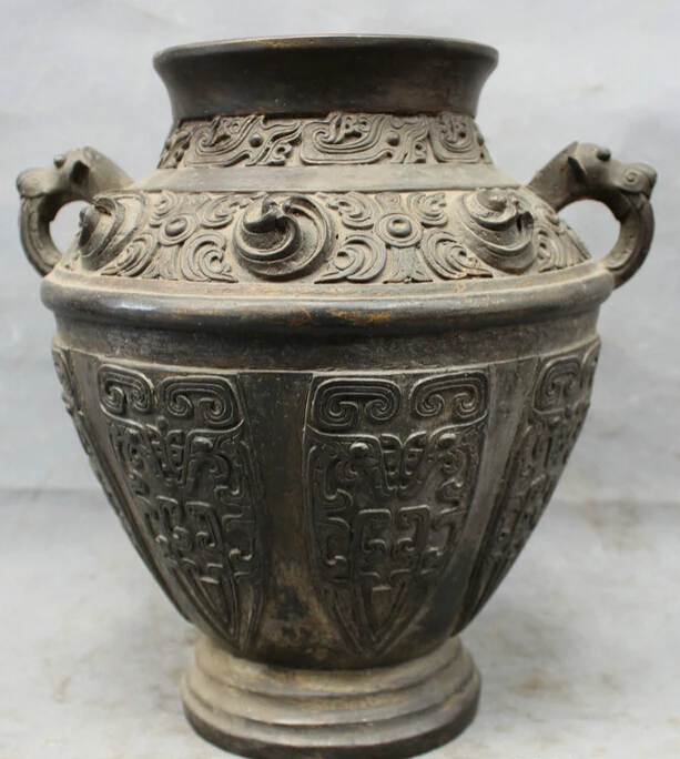 

song voge gem S2890 10" Chinese Royal Palace Pure Bronze Carved Beast Veins Statue Jar Pot Vase