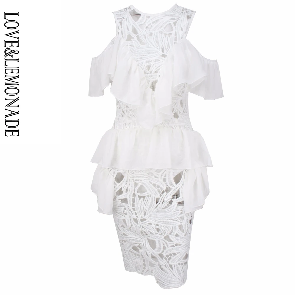 Женское вечернее платье LOVE & LEMONADE белое кружевное шифоновое с листьями лотоса