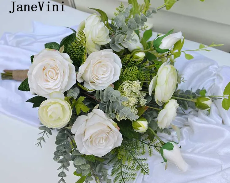 JaneVini Artificial White Flower Wedding Bouquet Bridesmaid Brooch for a Bride Silk Green Leaves Bridal Flowers Bukiet | Свадьбы и