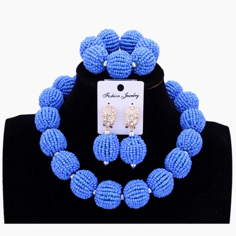 

Necklace Sets For Women Sea Blue Balls African Beads Jewelry Sets One Layer Nigerian Wedding Jewelry Sets For Bride Women 2018