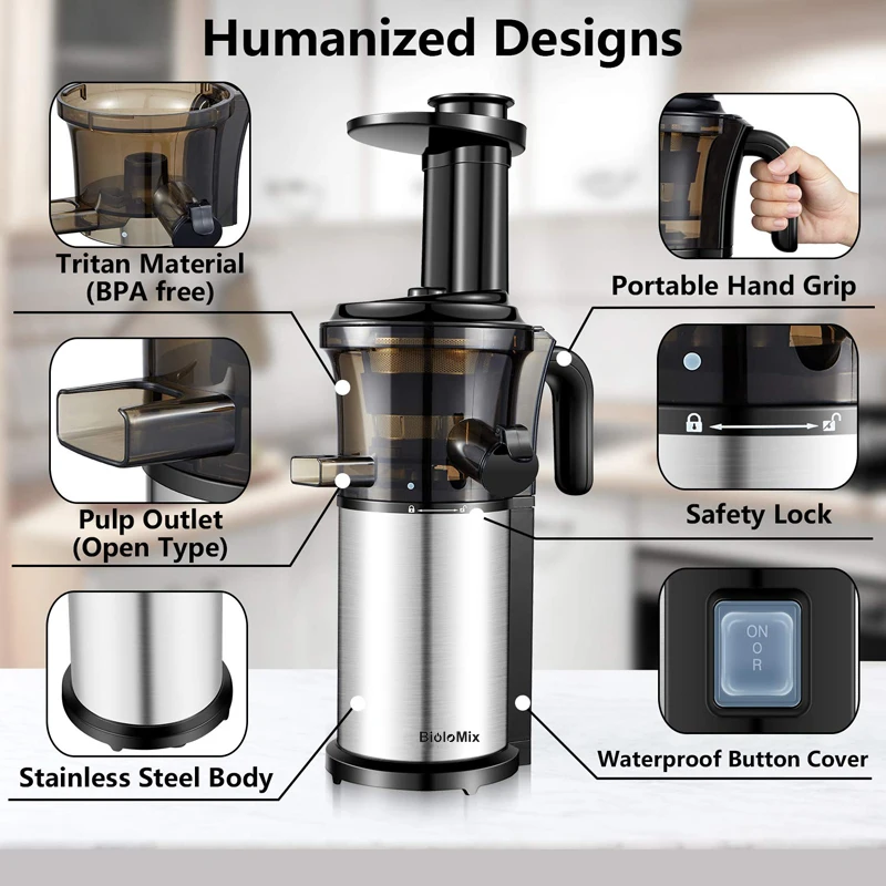 BPA FREE, 200 Вт, 40 об/мин, мастицирующая медленная соковыжималка, низкоскоростная шнековая соковыжималка для фруктов, овощей, холодного отжима, соковыжималка для фруктов из нержавеющей стали